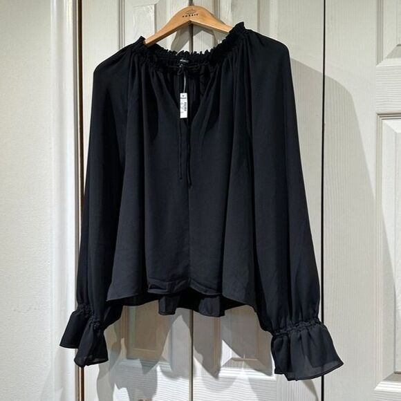 NWT Madewell Black Semi-Sheer Long Sleeve Tie Neck Ruffled Cuff Chiffon Blouse - Picture 5 of 12